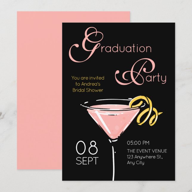Black pink fancy cocktail graduation inbjudningar (Fram/baksida)