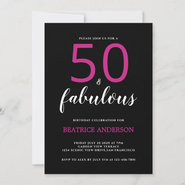  Black Pink Fifty and Fabulous Fiftieth Birthday Inbjudningar (Framsida)