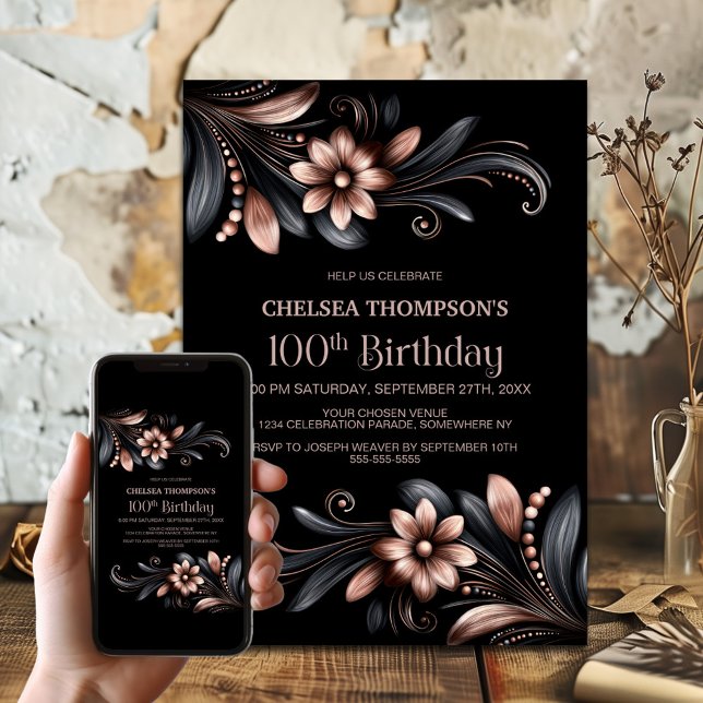 Black Pink Floral 100th Birthday Party Inbjudningar (Skapare uppladdad)