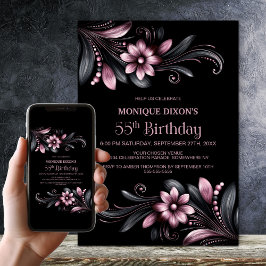 Black Pink Floral 55th Birthday Party Inbjudningar