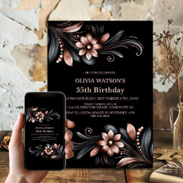Black Pink Floral Birthday Party Inbjudningar