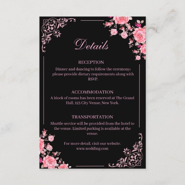 Black & Pink Floral Wedding Enclosure Card Tilläggskort (Framsida)