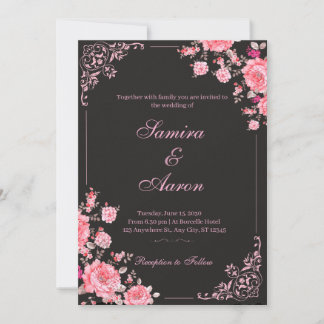 Black & Pink Floral Wedding Invitation Inbjudningar