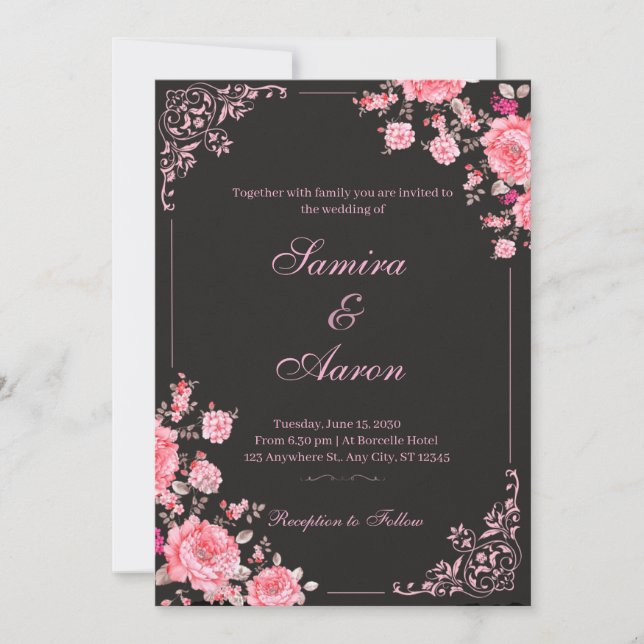 Black & Pink Floral Wedding Invitation Inbjudningar (Framsida)