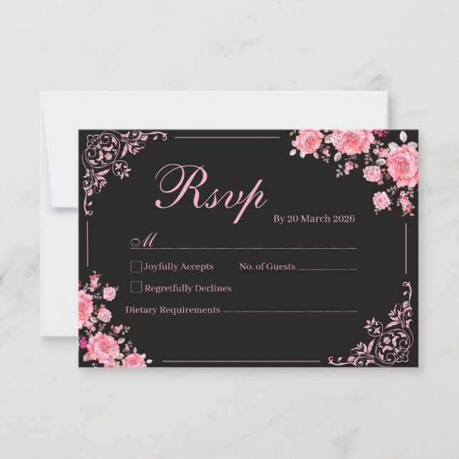 Black & Pink Floral Wedding RSVP Card OSA Kort (Framsida)
