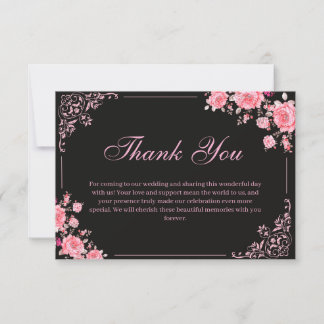 Black & Pink Floral Wedding Thank You Card Tack Kort