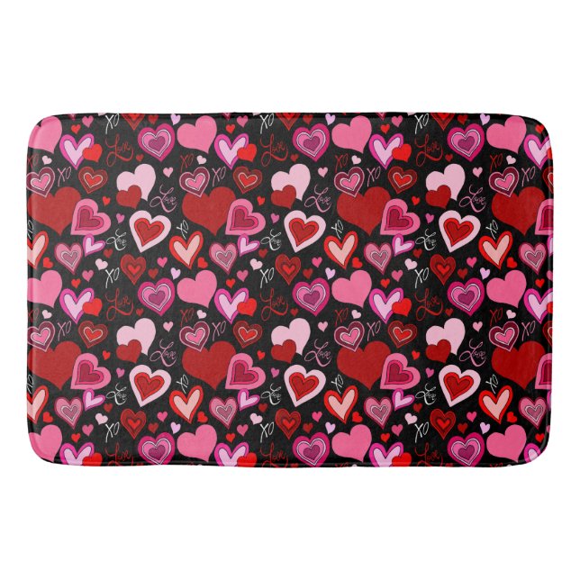 Black Pink Red Hearts Love Pattern Badrumsmatta (Framsidan)