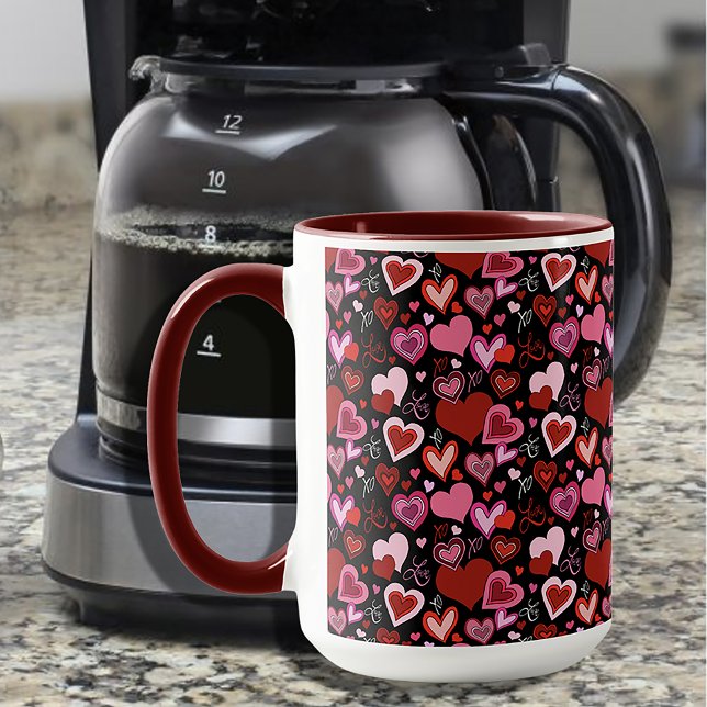 Black Pink Red Hearts Love Pattern Mugg (Skapare uppladdad)