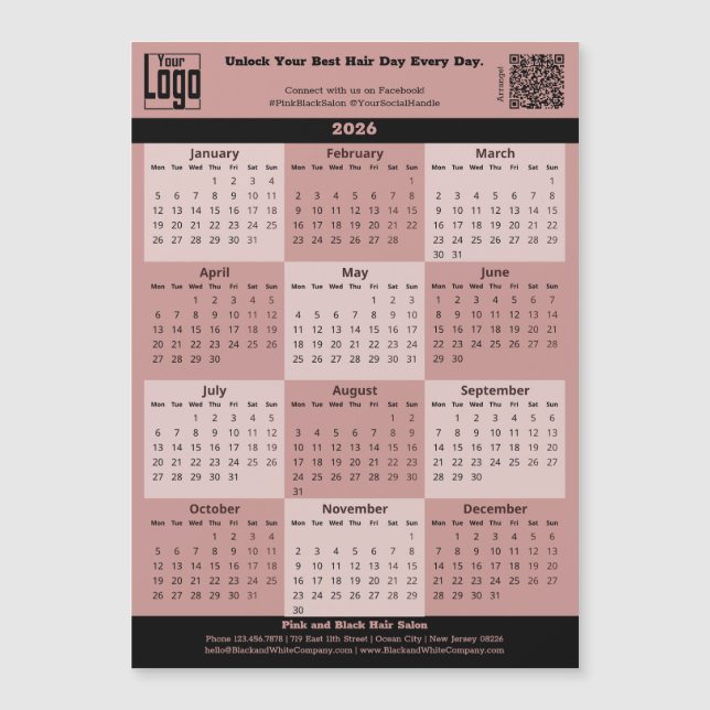 Black Pink Salon Logo QR-code 2026 Calendar Magnet (Framsida)