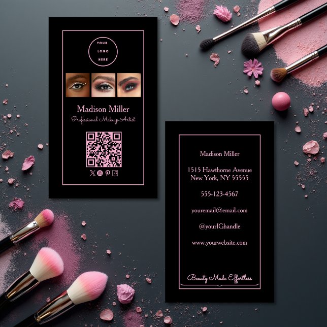 Black Pink Script Logo QR Code Photo Makeup Visitkort (Skapare uppladdad)