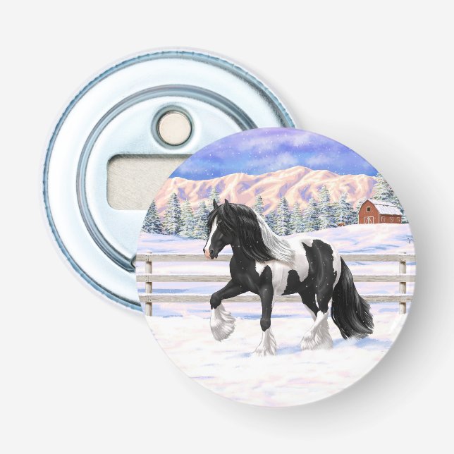 Black Pinto Piebald Gypsy Vanner Draft Horse Flasköppnare (Framsidan)