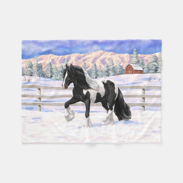 Black Pinto Piebald Gypsy Vanner Draft Horse Fleecefilt (Framsidan (Horisontell))