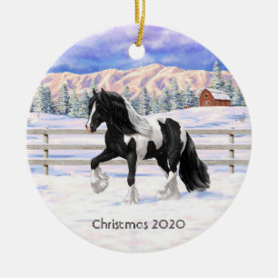 Black Pinto Piebald Gypsy Vanner Draft Horse Julgransprydnad Keramik