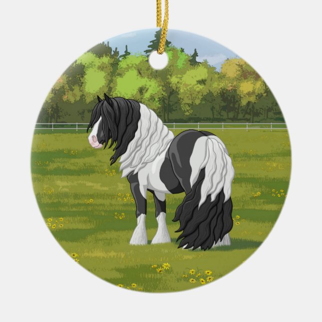 Black Pinto Piebald Gypsy Vanner Draft Horse Julgransprydnad Keramik (Framsidan)