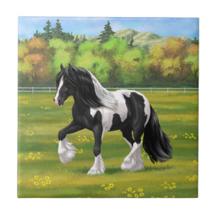 Black Pinto Piebald Gypsy Vanner Draft Horse Kakelplatta