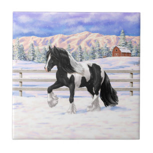 Black Pinto Piebald Gypsy Vanner Draft Horse Kakelplatta