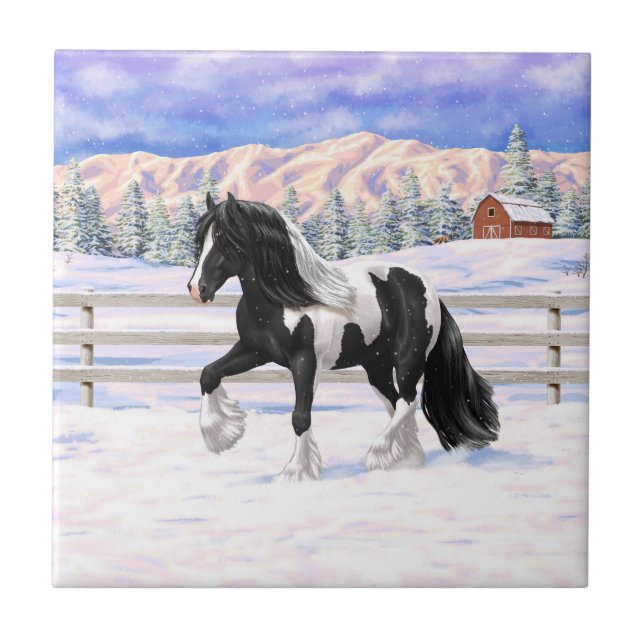 Black Pinto Piebald Gypsy Vanner Draft Horse Kakelplatta (Framsidan)