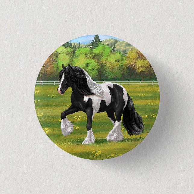 Black Pinto Piebald Gypsy Vanner Draft Horse Knapp (Framsida)