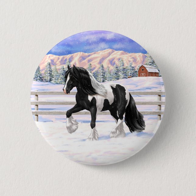 Black Pinto Piebald Gypsy Vanner Draft Horse Knapp (Framsida)