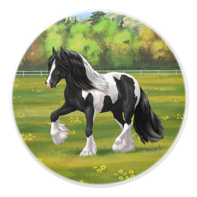 Black Pinto Piebald Gypsy Vanner Draft Horse Knopp (Framsidan)