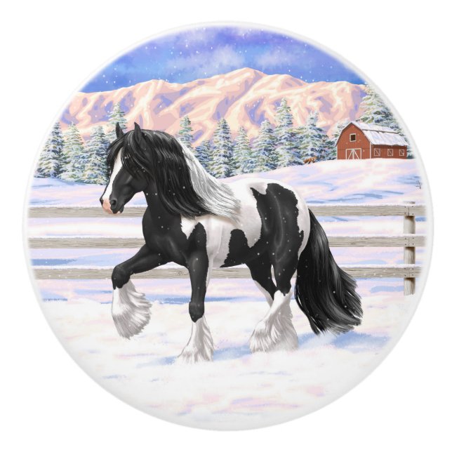 Black Pinto Piebald Gypsy Vanner Draft Horse Knopp (Framsidan)