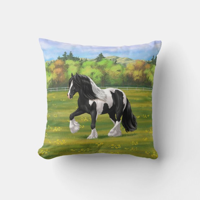 Black Pinto Piebald Gypsy Vanner Draft Horse Kudde (Framsida)