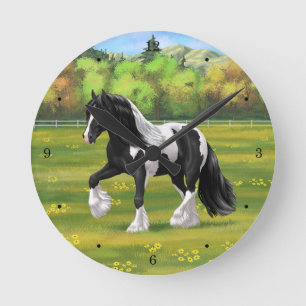 Black Pinto Piebald Gypsy Vanner Draft Horse Rund Klocka