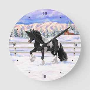 Black Pinto Piebald Gypsy Vanner Draft Horse Rund Klocka
