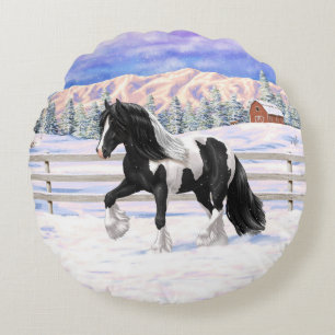 Black Pinto Piebald Gypsy Vanner Draft Horse Rund Kudde