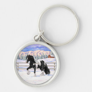Black Pinto Piebald Gypsy Vanner Draft Horse Rund Silverfärgad Nyckelring
