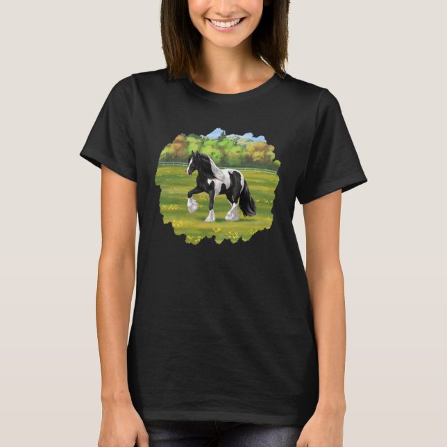 Black Pinto Piebald Gypsy Vanner Draft Horse T Shirt (Framsida)
