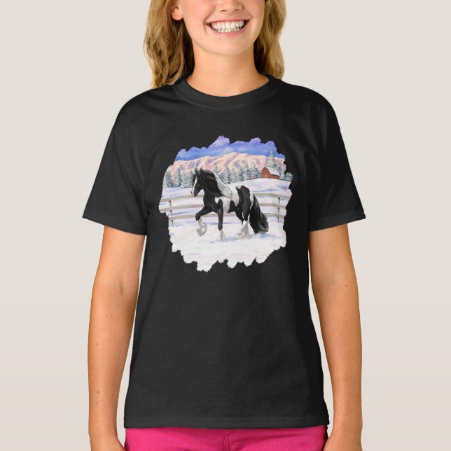 Black Pinto Piebald Gypsy Vanner Draft Horse T Shirt (Framsida)