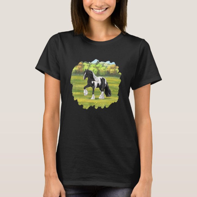 Black Pinto Piebald Gypsy Vanner Irish Cob Draft H T Shirt (Framsida)