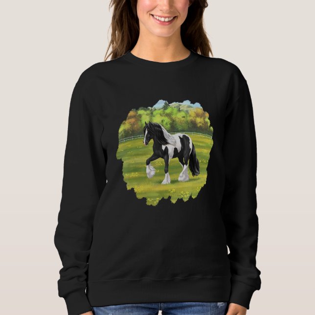 Black Pinto Piebald Gypsy Vanner Irish Cob Draft H T Shirt (Framsida)