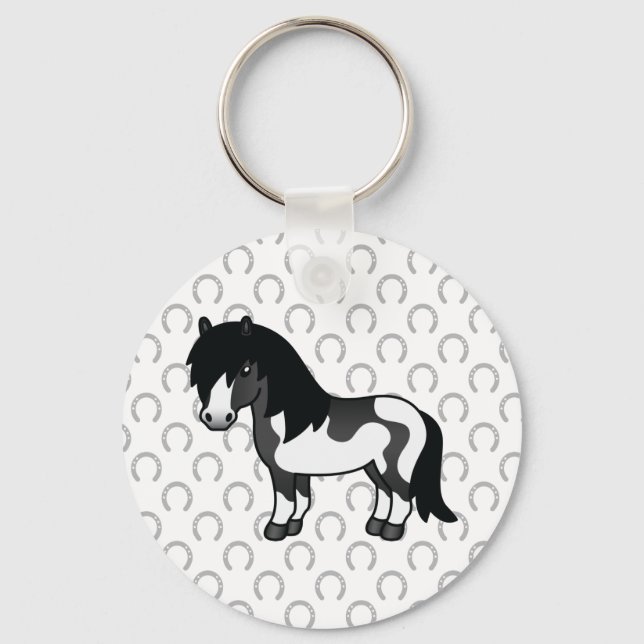 Black Pinto Shetland Pony Tecknad Illustration Nyckelring (Framsida)