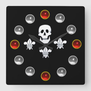 BLACK PIRAT FLAGGA JOLLY ROGER SKULL,TRE LILIES FYRKANTIG KLOCKA