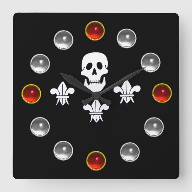 BLACK PIRAT FLAGGA JOLLY ROGER SKULL,TRE LILIES FYRKANTIG KLOCKA (Framsida)