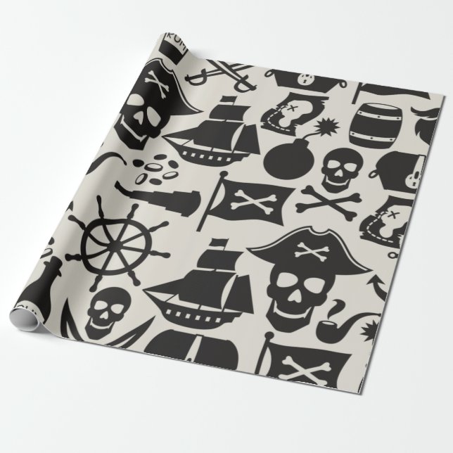 Black Pirat Theme Nautical Mönster Presentpapper (Utrullad)