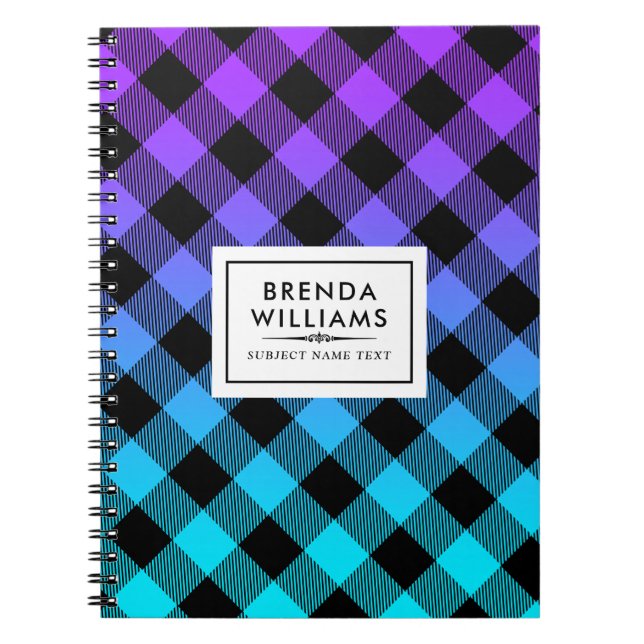 Black plaid mönster på lila och turkos ombre anteckningsbok (Framsidan)