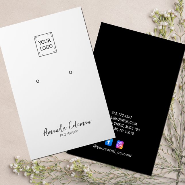 BLACK PLAIN NAMNTECKNING JEWELRY-LOGOTYP VISITKORT (Custom logo, white or any color earring display card template with social media icons)