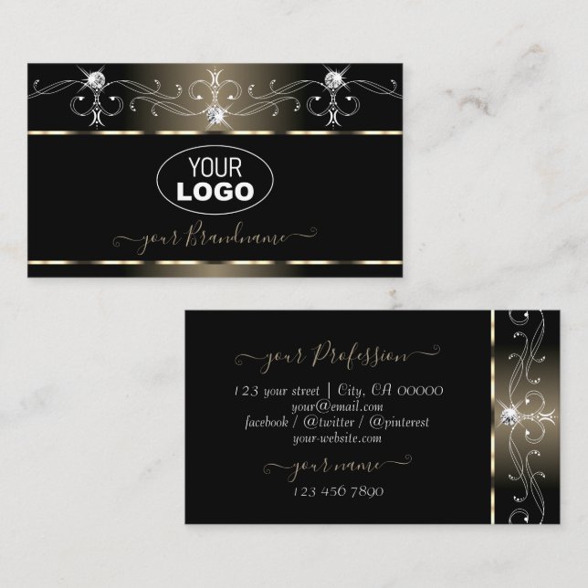 Black Platinum Squiggles Gnistra Jewels med Logoty Visitkort (Fram/baksida)