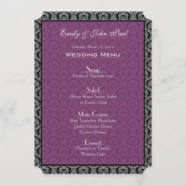 Black & Plum Paisley Damask Wedding Menu Meny (Baksida)