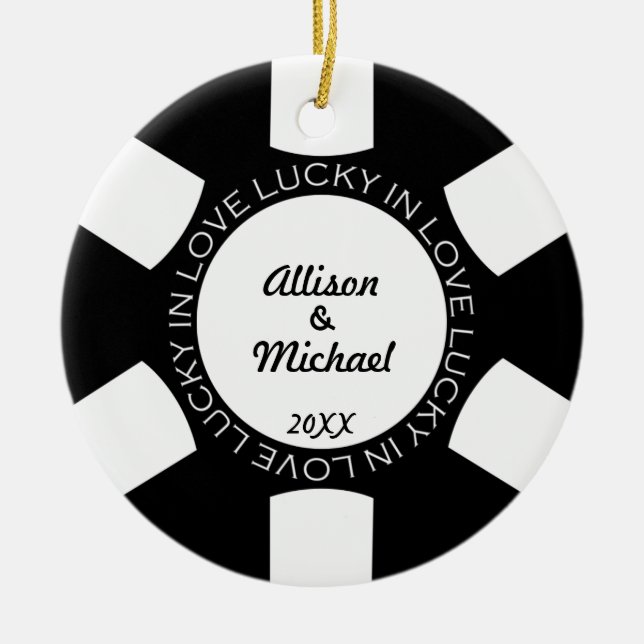 Black poker chip tur i kärlek par fotovegas julgransprydnad keramik (Framsidan)