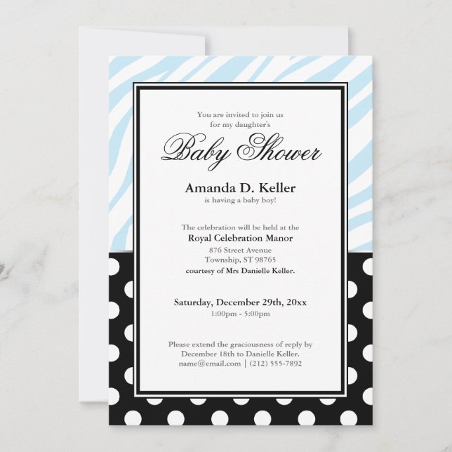 Black Polka Dot Blue Zebra tryck Baby Shower Inbjudningar (Framsida)