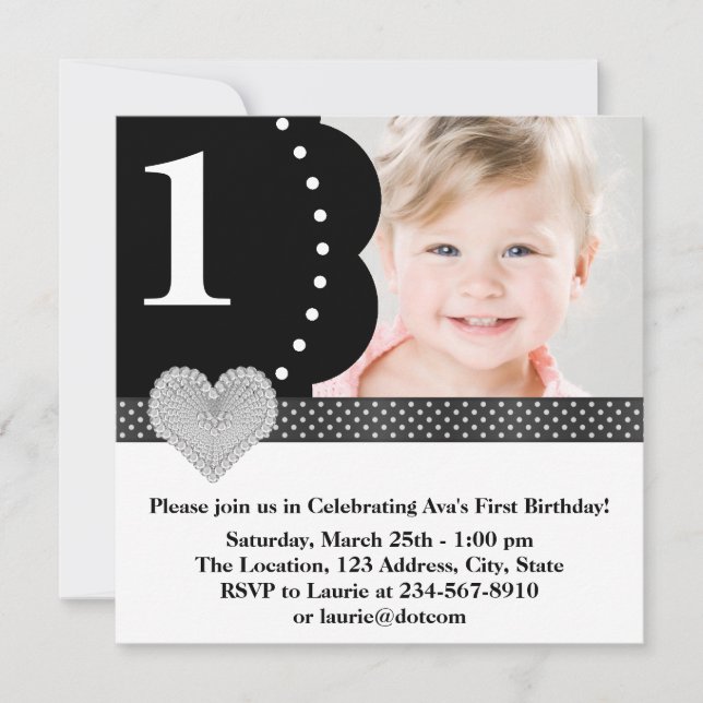 Black Polka Dot Girls Photo 1st Birthday Party Inbjudningar (Framsida)