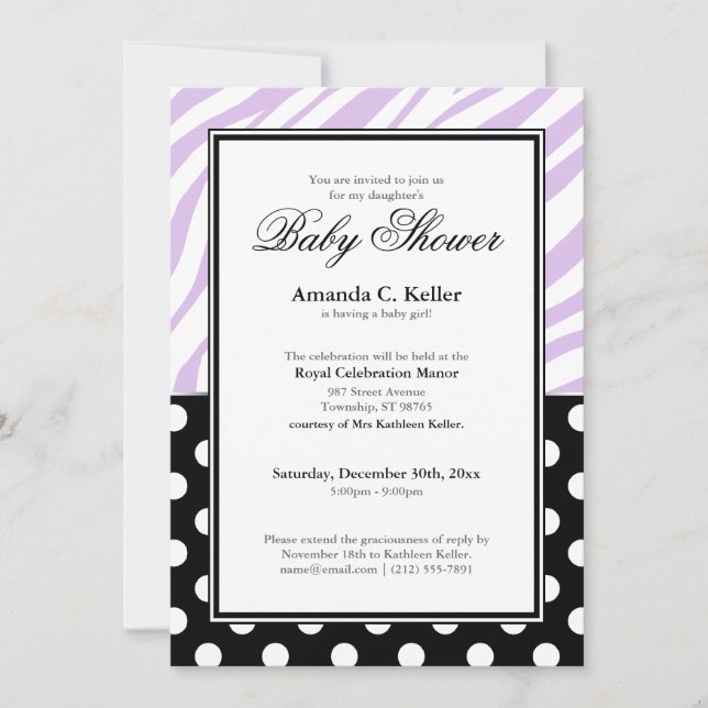 Black Polka Dot Lila Zebra tryck Baby Shower Inbjudningar (Framsida)