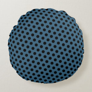 Black Polka Dot on Steel Blue Round Pillow Rund Kudde