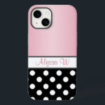 Black Polka Dot Rosa<br><div class="desc">Anpassningsbar iphone case personlig med ditt namn på rosa,  designad med vit polka dots över svart på grund och en övertoningsrosa färg längs överkanten. Detta är perfekten iphone case för människor som tycker om polka punkt mönster och färg rosa. Välj iPhone-modell för att välja fodral åt dig.</div>