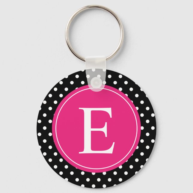 Black Polka Dot Rosa Monogram Nyckelring (Framsida)