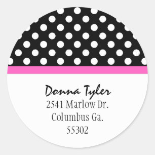 Black Polka Dot & Rosa Trim Adress Stickers Runt Klistermärke